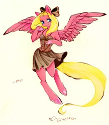 Size: 3140x3620 | Tagged: anthro, anthro oc, arm hooves, artist:divinekitten, bow, clothes, derpibooru import, dress, female, hair bow, mare, oc, pegasus, safe, solo, traditional art, unguligrade anthro, unofficial characters only