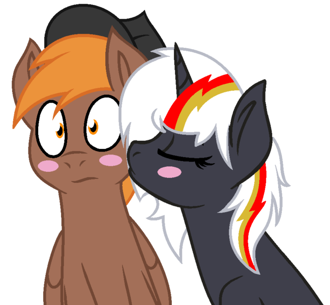 Size: 924x854 | Tagged: safe, artist:mlptmntdisneykauane, derpibooru import, oc, oc:calamity, oc:velvet remedy, unofficial characters only, pegasus, pony, unicorn, fallout equestria, blushing, bust, duo, eyes closed, female, hat, kiss on the cheek, kissing, male, oc x oc, shipping, simple background, straight, transparent background, velamity