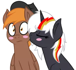 Size: 924x854 | Tagged: safe, artist:mlptmntdisneykauane, derpibooru import, oc, oc:calamity, oc:velvet remedy, unofficial characters only, pegasus, pony, unicorn, fallout equestria, blushing, bust, duo, eyes closed, female, hat, kiss on the cheek, kissing, male, oc x oc, shipping, simple background, straight, transparent background, velamity