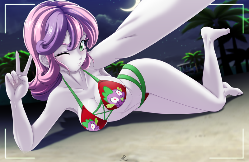 Size: 2949x1917 | Tagged: suggestive, alternate version, artist:mauroz, derpibooru import, spike, sweetie belle, equestria girls, anime, armpits, barefoot, beach, bikini, breasts, busty sweetie belle, clothes, feet, implied shipping, implied spikebelle, implied straight, older, older sweetie belle, peace sign, selfie, swimsuit