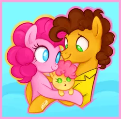 Size: 1085x1068 | Tagged: safe, artist:mn27, derpibooru import, cheese sandwich, li'l cheese, pinkie pie, earth pony, pony, the last problem, cheesepie, clothes, colt, family, father and child, father and son, female, foal, male, mare, mother and child, mother and son, no pupils, shipping, shirt, stallion, straight, trio
