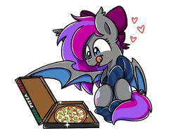 Size: 2560x2048 | Tagged: source needed, useless source url, safe, artist:sugar morning, derpibooru import, oc, oc:comet strike, unofficial characters only, bat pony, kiwi, pony, bat pony oc, bat wings, bow, cardboard box, clothes, commission, cutie mark, female, food, fruit, heart, herbivore, hungry, kiwi fruit, pineapple pizza, pizza, simple background, sitting, socks, solo, striped socks, text, tongue out, transparent background, wings