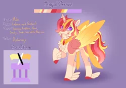 Size: 3500x2454 | Tagged: safe, artist:clay-bae, derpibooru import, oc, oc:royal grove, alicorn, pony, male, offspring, parent:princess cadance, parent:sunburst, reference sheet, solo, stallion