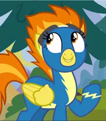 Size: 824x941 | Tagged: safe, derpibooru import, screencap, spitfire, pegasus, pony, newbie dash, clothes, cropped, cute, cutefire, female, looking up, mare, raised hoof, smiling, solo, uniform, wonderbolts uniform