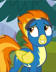 Size: 738x939 | Tagged: cropped, cute, cutefire, derpibooru import, lidded eyes, looking up, newbie dash, safe, screencap, smiling, solo, spitfire