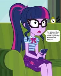 Size: 477x595 | Tagged: safe, derpibooru import, edit, edited screencap, editor:thomasfan45, screencap, sci-twi, twilight sparkle, human, equestria girls, equestria girls series, text support, 1000 hours in ms paint, cafe, clothes, couch, cropped, description is relevant, female, geode of telekinesis, glasses, hypno eyes, hypnosis, hypnotized, implied principal cinch, looking up, magical geodes, mistress, mobile phone, offscreen character, pendulum swing, phone, pocket watch, ponytail, request, shirt, sitting, skirt, solo, speech bubble, story included