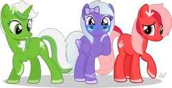 Size: 4500x2308 | Tagged: safe, artist:arifproject, derpibooru import, oc, oc:comment, oc:downvote, oc:upvote, ponified, unofficial characters only, earth pony, pegasus, pony, unicorn, derpibooru, cute, derpibooru ponified, glasses, hairclip, meta, raised hoof, ribbon, simple background, transparent background, vector