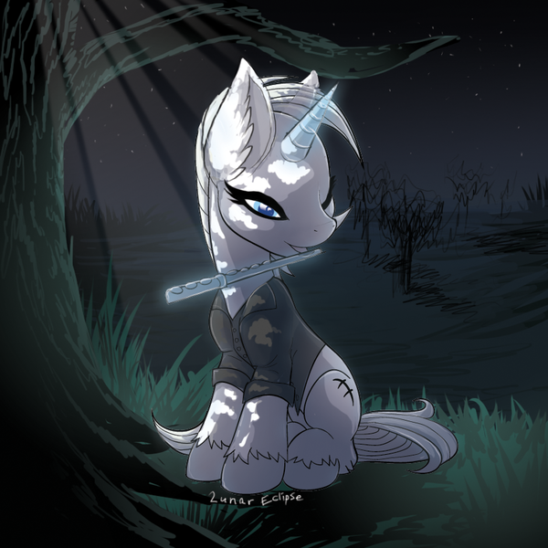 Size: 852x852 | Tagged: safe, artist:a-lunar-eclipse, deleted from derpibooru, derpibooru import, oc, oc:lunar eclipse, unicorn, eclipse, flute, lunar, musical instrument, night, white