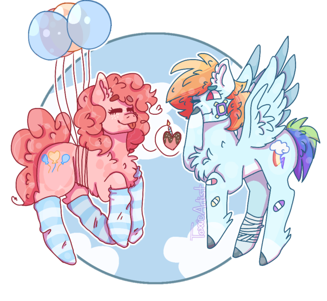 Size: 1024x942 | Tagged: safe, artist:plagued-arts, derpibooru import, pinkie pie, rainbow dash, earth pony, pegasus, pony, balloon, chest fluff, clothes, female, floating, flying, hooves, lesbian, mare, pinkiedash, shipping, socks, striped socks, then watch her balloons lift her up to the sky, wings