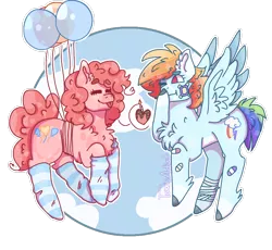 Size: 1024x942 | Tagged: safe, artist:plagued-arts, derpibooru import, pinkie pie, rainbow dash, earth pony, pegasus, pony, balloon, chest fluff, clothes, female, floating, flying, hooves, lesbian, mare, pinkiedash, shipping, socks, striped socks, then watch her balloons lift her up to the sky, wings