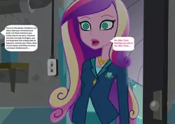 Size: 913x645 | Tagged: safe, derpibooru import, edit, edited screencap, editor:thomasfan45, screencap, princess cadance, human, equestria girls, friendship games, 1000 hours in ms paint, blank expression, blouse, clothes, crystal prep academy, cute, cutie mark, cutie mark on clothes, dean cadance, description is relevant, doorway, female, hypnosis, hypnotized, implied principal cinch, jacket, jewelry, light switch, necklace, offscreen character, open mouth, request, skirt, solo, speech bubble, story included, swirly eyes