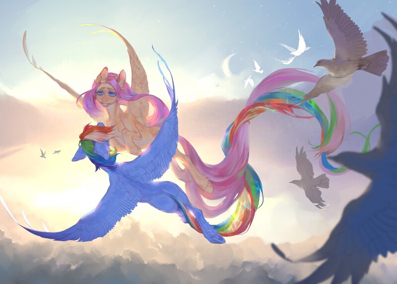 Size: 1280x917 | Tagged: safe, artist:lldelphin, artist:tabu-rat, derpibooru import, fluttershy, rainbow dash, bird, pegasus, pony, beautiful, butt, duo, female, flutterdash, flying, lesbian, long tail, mare, plot, rainbutt dash, scenery, shipping, sky, smiling, spread wings, sunlight, wings