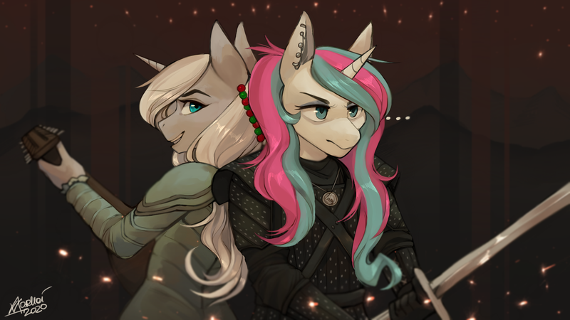 Size: 1920x1080 | Tagged: safe, artist:varllai, derpibooru import, oc, oc:diamond mind, oc:silver rose, unofficial characters only, anthro, unicorn, ..., armor, back to back, commission, duo, female, jewelry, leather armor, looking back, looking over shoulder, lute, male, mare, ready to fight, stallion, sword, weapon, witcher, ych result