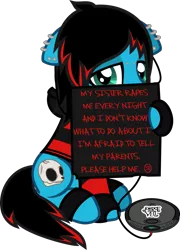 Size: 874x1216 | Tagged: semi-grimdark, suggestive, artist:lightningbolt, derpibooru import, oc, oc:emo lad, unofficial characters only, earth pony, cd player, clothes, dyed mane, dyed tail, earbuds, ear piercing, earring, emo, eyeliner, floppy ears, hoodie, hoof hold, implied incest, implied rape, jewelry, leg band, lidded eyes, looking at you, makeup, male, paint, piercing, pony shaming, sad, shirt, shy, sign, simple background, sitting, solo, stallion, svg, .svg available, transparent background, vector