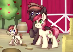 Size: 2048x1475 | Tagged: safe, artist:pingwinowa, derpibooru import, roseluck, oc, oc:appleberry, oc:flavour, earth pony, pony, apple, apple tree, barn, canon x oc, family, female, filly, food, hat, hay bale, lasso, male, offspring, rope, shipping, tree