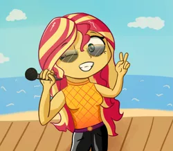 Size: 2407x2097 | Tagged: safe, artist:artiks, derpibooru import, sunset shimmer, equestria girls, equestria girls series, let it rain, spoiler:eqg series (season 2), beach, looking at you, microphone, one eye closed, peace sign, smiling, solo, sunglasses, wink