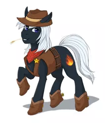 Size: 1351x1588 | Tagged: source needed, useless source url, safe, artist:alexispaint, derpibooru import, oc, oc:dragon, unofficial characters only, earth pony, pony, boots, clothes, hat, male, sheriff, shoes, solo, spurs, stallion, vest
