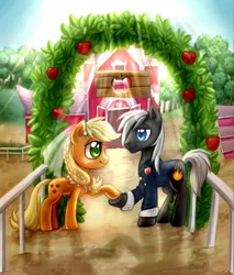 Size: 2550x2995 | Tagged: source needed, useless source url, safe, artist:ailish, derpibooru import, applejack, oc, oc:dragon, earth pony, pony, apple, apple tree, barn, bedroom eyes, canon x oc, clothes, dragojack, dress, female, fence, food, grass, holding hooves, looking at each other, male, mare, marriage, shadow, shipping, smiley face, stallion, straight, sun, tree, wedding