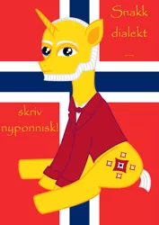 Size: 1545x2187 | Tagged: safe, artist:sw, derpibooru import, oc, oc:neighvar horsen, ponified, unofficial characters only, pony, unicorn, cutie mark, flag, gulating, ivar aasen, male, new norwegian, new ponish, norway, norwegian, nynorsk, sitting, solo, translated in the description, vector