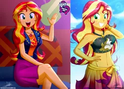 Size: 1429x1024 | Tagged: safe, artist:the-butch-x, derpibooru import, edit, editor:thomasfan45, sunset shimmer, equestria girls, equestria girls series, adorasexy, bare shoulders, beautiful, belly button, bikini, bikini babe, blushing, breasts, busty sunset shimmer, butch's hello, clothes, cloud, couch, crepuscular rays, cute, equestria girls logo, female, geode of empathy, hand on hip, happy, hello x, jacket, legs, lens flare, magical geodes, midriff, open mouth, pose, poster, sarong, sexy, shimmerbetes, shirt, signature, sitting, skirt, sky, smiling, solo, summer sunset, sunset's apartment, sunshine, swimsuit, waving