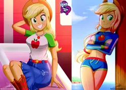 Size: 1429x1024 | Tagged: safe, artist:the-butch-x, derpibooru import, edit, editor:thomasfan45, applejack, equestria girls, equestria girls series, applejack's hat, beach, beach babe, beautiful, belly button, belt, bikini, boots, breasts, busty applejack, butch's hello, clothes, cloud, cowboy hat, crossed legs, cute, denim skirt, equestria girls logo, farmhouse, female, freckles, geode of super strength, happy, hat, hello x, jackabetes, legs, looking at you, magical geodes, midriff, sexy, shirt, shoes, signature, sitting, skirt, sky, smiling, solo, steps, stetson, swimsuit