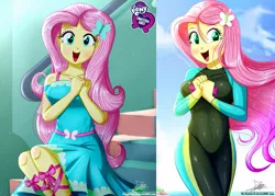 Size: 1429x1024 | Tagged: safe, artist:the-butch-x, derpibooru import, edit, editor:thomasfan45, fluttershy, bat pony, equestria girls, equestria girls series, adorasexy, barrette, beautiful, beautisexy, blushing, bow, breasts, busty fluttershy, butch's hello, clothes, cute, diving suit, dress, equestria girls logo, female, flutterbat, geode of fauna, hands together, happy, hello x, looking at you, magical geodes, open mouth, race swap, sexy, shyabetes, signature, sitting, smiling, solo, stairs, stupid sexy fluttershy, swimsuit, wetsuit