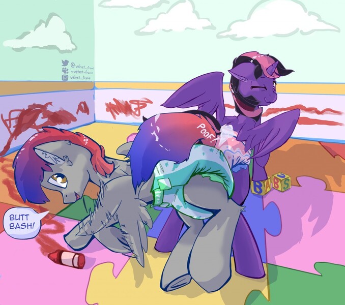 Size: 1280x1132 | Tagged: questionable, artist:velvet frame, derpibooru import, oc, unofficial characters only, alicorn, pegasus, pony, abdl, adult foal, alicorn oc, butt to butt, butt touch, diaper, diaper fetish, ear fluff, fetish, gradient mane, horn, poofy diaper, speech bubble, wings