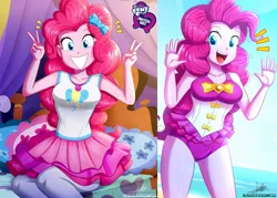 Size: 1429x1024 | Tagged: safe, artist:the-butch-x, derpibooru import, edit, editor:thomasfan45, pinkie pie, equestria girls, equestria girls series, adorasexy, attached skirt, bare shoulders, beach ball, beautiful, bed, bow swimsuit, butch's hello, clothes, cloud, cute, cutie mark, cutie mark on clothes, description is relevant, diapinkes, equestria girls logo, female, frilled swimsuit, geode of sugar bombs, grin, happy, hello x, leggings, looking at you, magical geodes, ocean, open mouth, pantyhose, peace sign, pillow, pinkie's bedroom, sexy, signature, sitting, skirt, sky, smiling, solo, swimsuit, tanktop, tricolor swimsuit, underass