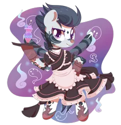 Size: 2100x2165 | Tagged: safe, artist:musicfirewind, derpibooru import, oc, oc:jungle rumble, unofficial characters only, ghost, pegasus, pony, undead, bipedal, choker, clothes, commission, crossdressing, cute, dress, flats, food, glass, gloves, hoof hold, ice cream, maid, male, markings, ocbetes, older, raised eyebrow, raised hoof, shoes, simple background, solo, stallion, tattoo, transparent background, tray, ych result