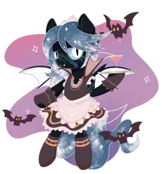 Size: 1948x2100 | Tagged: safe, artist:musicfirewind, derpibooru import, oc, oc:winter's night, unofficial characters only, bat, bat pony, pony, alcohol, apron, bat pony oc, bat wings, bipedal, clothes, commission, cute, dress, drink, ethereal mane, eye scar, fangs, female, fingerless gloves, glass, gloves, hoof hold, maid, maid headdress, mare, martini, raised hoof, scar, simple background, socks, solo, starry mane, stockings, thigh highs, transparent background, tray, wings, ych result