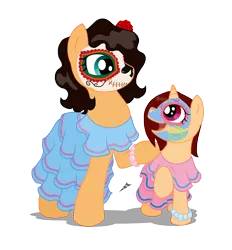 Size: 803x864 | Tagged: safe, artist:ravenpuff, deleted from derpibooru, derpibooru import, oc, oc:flower basket, oc:flower pot, unofficial characters only, pony, unicorn, bracelet, clothes, costume, dia de los muertos, dress, duo, female, filly, flower, flower in hair, horn, jewelry, mare, mask, raised hoof, simple background, skeleton costume, transparent background, unicorn oc