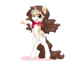 Size: 367x292 | Tagged: safe, artist:minigini, derpibooru import, oc, oc:skittles, unofficial characters only, pony, unicorn, animated, blush sticker, blushing, clothes, colored hooves, female, gif, heart, horn, mare, multicolored hair, music notes, pictogram, pixel art, rainbow hair, rearing, reference sheet, scarf, simple background, socks (coat marking), transparent background, unicorn oc