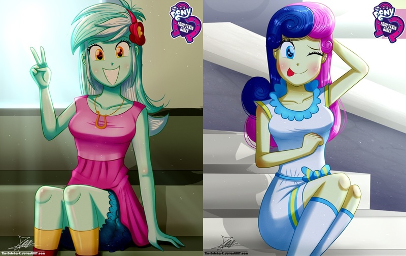 Size: 1624x1024 | Tagged: safe, artist:the-butch-x, derpibooru import, edit, editor:thomasfan45, bon bon, lyra heartstrings, sweetie drops, equestria girls, :p, ;p, adorabon, arm behind head, bleachers, blouse, bow, breasts, butch's hello, clothes, couple, crepuscular rays, cute, description is relevant, dress, duo, equestria girls logo, female, happy, headband, hello x, jewelry, kneesocks, lesbian, lyrabetes, lyrabon, mlem, necklace, one eye closed, peace sign, question in description, sexy, shipping, signature, silly, sitting, smiling, socks, stairs, tongue out, wink