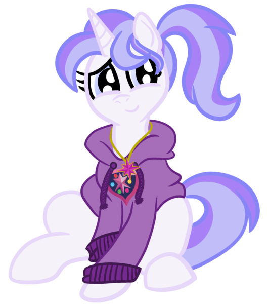 Size: 1000x1127 | Tagged: safe, artist:kawaiioctopii, deleted from derpibooru, derpibooru import, oc, oc:estelle, pony, unicorn, clothes, female, happy, hoodie, jewelry, mare, necklace, school of friendship, simple background, sitting, solo, teenager, transparent background