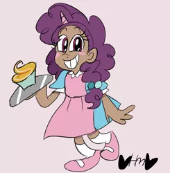 Size: 784x800 | Tagged: apron, artist:mirabuncupcakes15, blushing, clothes, cupcake, dark skin, derpibooru import, dress, female, food, grin, horn, horned humanization, human, humanized, mary janes, pink background, safe, shoes, simple background, smiling, socks, solo, sugar belle, tray