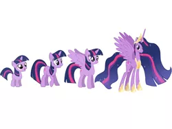 Size: 1024x768 | Tagged: safe, derpibooru import, princess twilight 2.0, twilight sparkle, twilight sparkle (alicorn), alicorn, pony, unicorn, the last problem, age progression, comparison, female, filly, filly twilight sparkle, foal, horn, mare, older, older twilight, older twilight sparkle (alicorn), simple background, smiling, unicorn twilight, white background, wings, younger