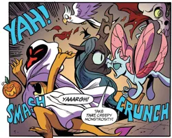 Size: 1856x1492 | Tagged: angry, artist:andypriceart, bird, changedling, changeling, cropped, decoration, derpibooru import, dragon, dragoness, female, halloween, holiday, idw, jack-o-lantern, nightmare night, ocellus, official comic, onomatopoeia, pumpkin, punch, queen chrysalis, safe, smolder, sound effects, speech bubble, spoiler:comic, spoiler:comic71