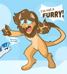 Size: 660x726 | Tagged: safe, artist:aviivix, derpibooru import, oc, oc:saberspark, unofficial characters only, anthro, big cat, digitigrade anthro, earth pony, lion, pony, blatant lies, duo, earth pony oc, frown, furry, male, paws, stallion, thought bubble, unamused, underpaw