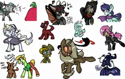 Size: 2233x1400 | Tagged: safe, artist:aviivix, derpibooru import, oc, ponified, dog, dragon, ghost, gryphon, insect, moth, mothpony, original species, pony, undead, clothes, curved horn, dragon oc, food, hat, horn, prone, raised hoof, scarf, scooby doo, shaggy, simple background, smiling, strawberry, top hat, white background