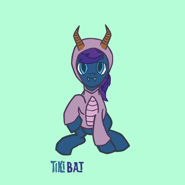 Size: 1125x1125 | Tagged: safe, alternate version, artist:cosmiceclipsed, derpibooru import, oc, oc:stardust, bat pony, pony, bat pony oc, bat wings, clothes, epcot, epcot center, fangs, figment, green background, hoodie, jacket, male, simple background, sitting, slit eyes, slit pupils, smiling, stallion, sweater, wings