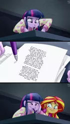 Size: 1242x2208 | Tagged: safe, artist:ponut_joe, artist:ponut_joe edit, derpibooru import, edit, sunset shimmer, twilight sparkle, twilight sparkle (alicorn), alicorn, equestria girls, rainbow rocks, blushing, copypasta, exploitable meme, meme, mouth drawing, mouth hold, paper, pen, scene interpretation, twilight's mouth art