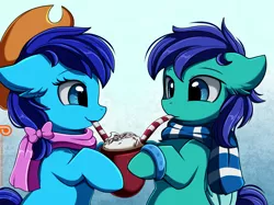 Size: 2379x1783 | Tagged: safe, artist:pridark, derpibooru import, oc, oc:aqua jo, oc:magnifying glass, unofficial characters only, earth pony, pegasus, pony, bow, bracelet, chocolate, chocolate milk, clothes, colt, cowboy hat, cute, female, filly, food, hat, jewelry, male, milk, oc x oc, patreon, patreon logo, patreon reward, reward, scarf, sharing a drink, shipping, stetson, straw