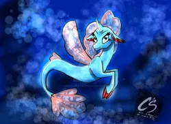 Size: 1024x745 | Tagged: artist:johnathon-matthews, changeling, derpibooru import, deviantart watermark, disguise, disguised changeling, mermay, merpony, obtrusive watermark, ocean, ocellus, safe, seaponified, seapony (g4), seapony ocellus, solo, species swap, watermark