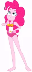 Size: 388x866 | Tagged: safe, artist:marcorois, derpibooru import, editor:thomasfan45, pinkie pie, equestria girls, equestria girls series, bare shoulders, barefoot, clothes, cute, edited vector, feet, female, frilled swimsuit, hand on hip, happy, legs, one-piece swimsuit, simple background, sleeveless, smiling, solo, swimsuit, thinking, tricolor swimsuit, vector, white background