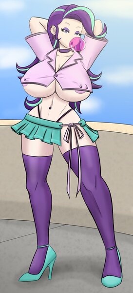 Size: 882x1940 | Tagged: arm behind head, artist:reiduran, big breasts, bimbo, bow, braless, breasts, bubblegum, busty starlight glimmer, choker, cleavage, clothes, colored, color edit, derpibooru import, edit, erect nipples, eyeshadow, female, food, gum, high heels, huge breasts, human, humanized, lipstick, makeup, microskirt, miniskirt, nipple piercing, nipples, nudity, panties, partial nudity, piercing, pleated skirt, questionable, shoes, simple background, skirt, socks, solo, starlight glimmer, stockings, thigh highs, thighs, thong, underboob, undernipple, underwear, white background