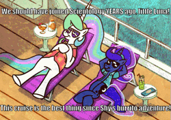 Size: 567x400 | Tagged: safe, artist:2snacks, derpibooru import, edit, princess celestia, princess luna, alicorn, pony, two best sisters play, between dark and dawn, animated, duo, female, gif, mare, relaxing, royal sisters, scientology, sunglasses, vacation