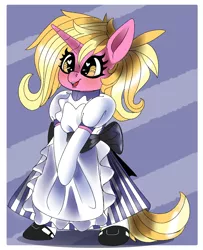 Size: 972x1200 | Tagged: safe, artist:brainiac, derpibooru import, luster dawn, pony, unicorn, abstract background, bipedal, chibi, clothes, cute, dress, female, heart eyes, inspired by another artist, lusterbetes, maid, mare, open mouth, shoes, smiling, socks, solo, wingding eyes