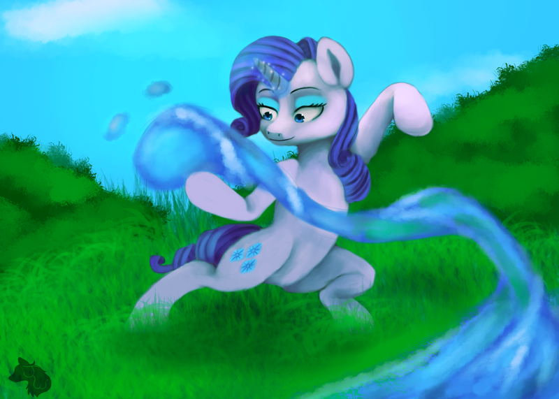 Size: 2100x1500 | Tagged: safe, artist:jazzwolf347, derpibooru import, rarity, pony, unicorn, action pose, avatar the last airbender, bipedal, crossover, cutie mark, female, magic, mare, smiling, solo, speedpaint available, waterbending