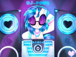 Size: 4000x3000 | Tagged: safe, artist:bunxl, derpibooru import, vinyl scratch, pony, unicorn, female, glowstick, grin, headphones, mare, record, smiling, solo, speakers, sunglasses, turntable