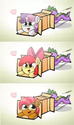 Size: 1280x2160 | Tagged: suggestive, artist:alfa995, derpibooru import, edit, apple bloom, babs seed, scootaloo, spike, sweetie belle, pony, babspike, box, cutie mark crusaders, female, implied foalcon, male, pony in a box, shipping, spikebelle, spikebloom, straight